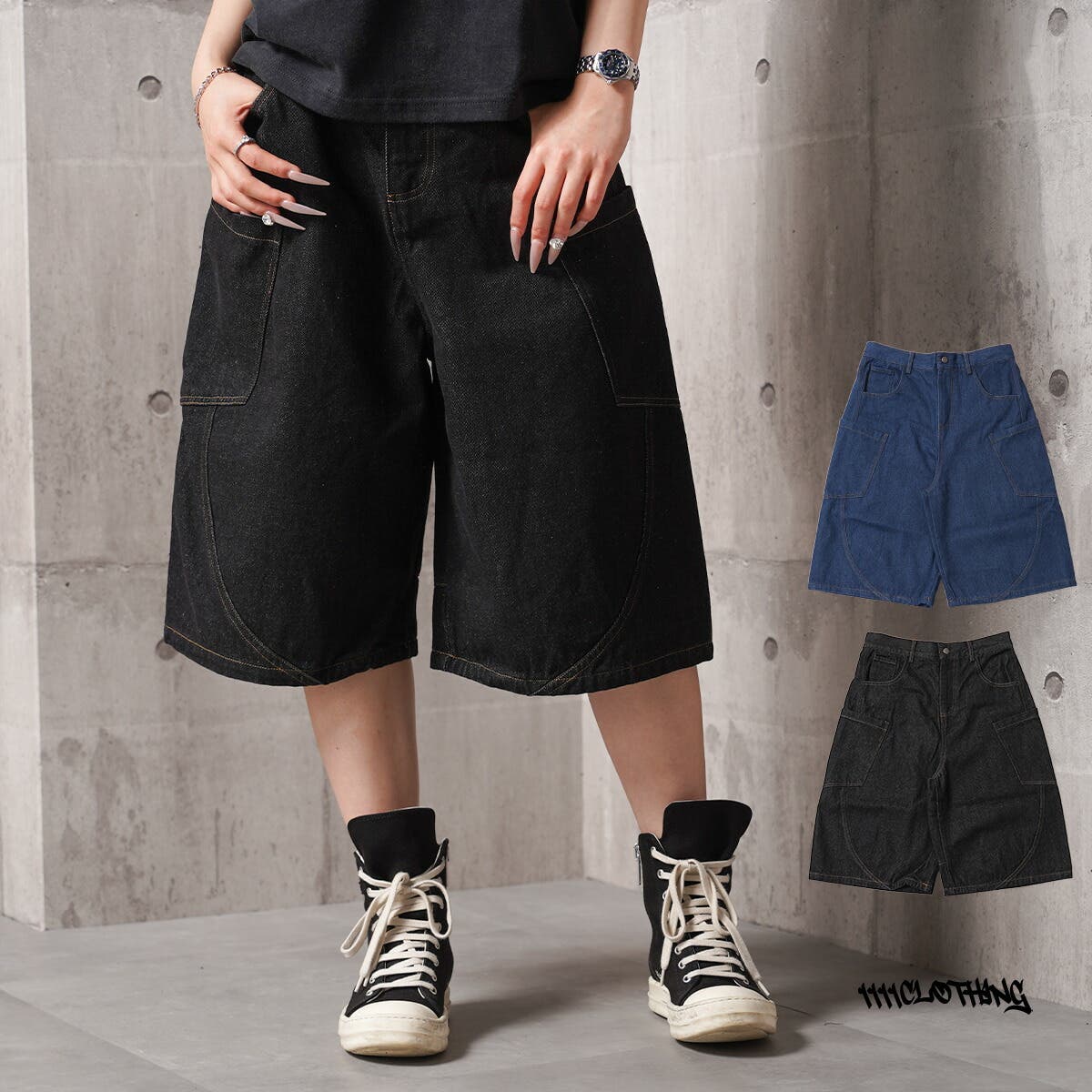 ワンウォッシュデニム ワイドパンツ ショートパンツ[品番：OCGW0004850