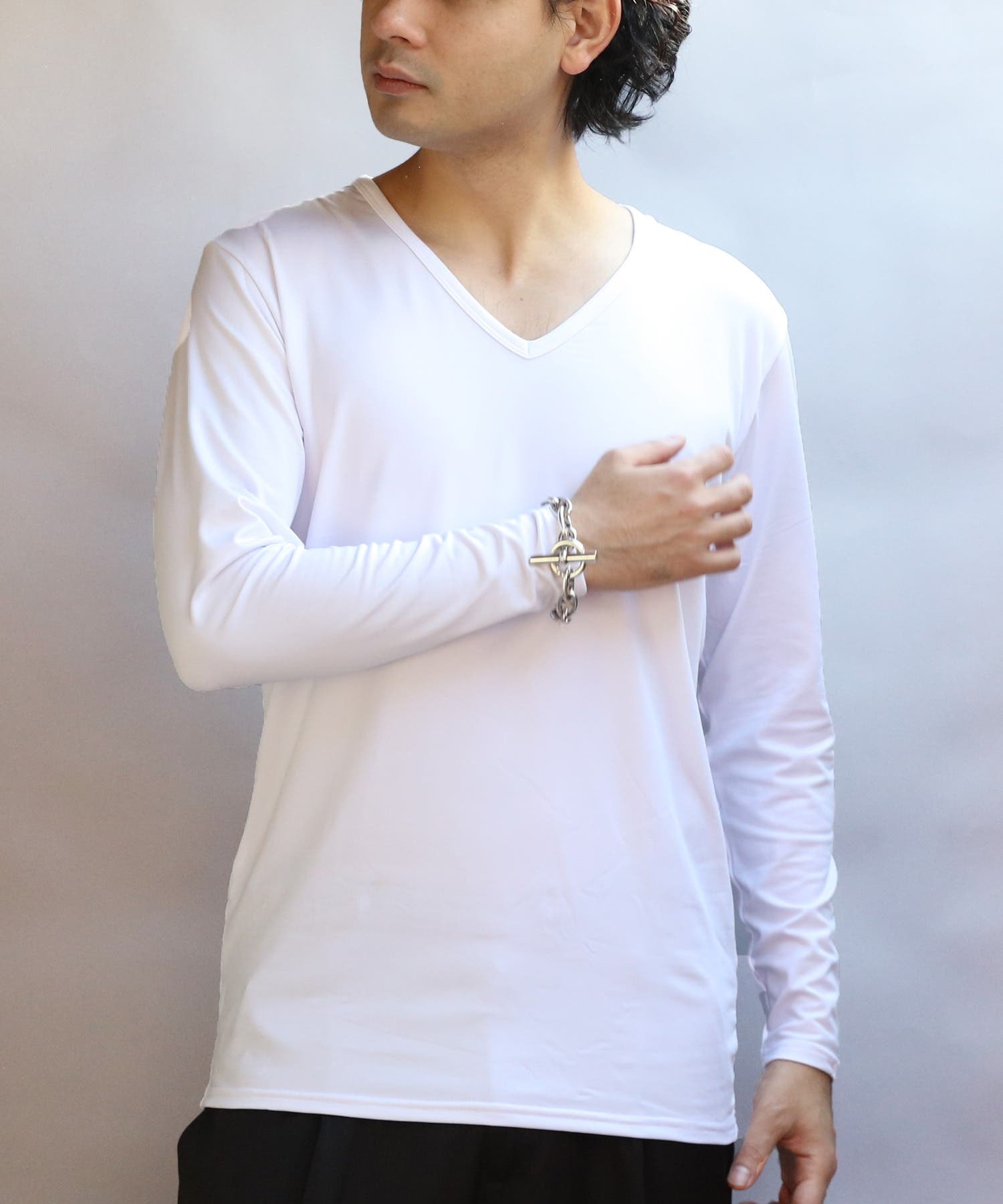 ストレッチVネックロンT メンズ Tシャツ ロング 裏起毛 [品番