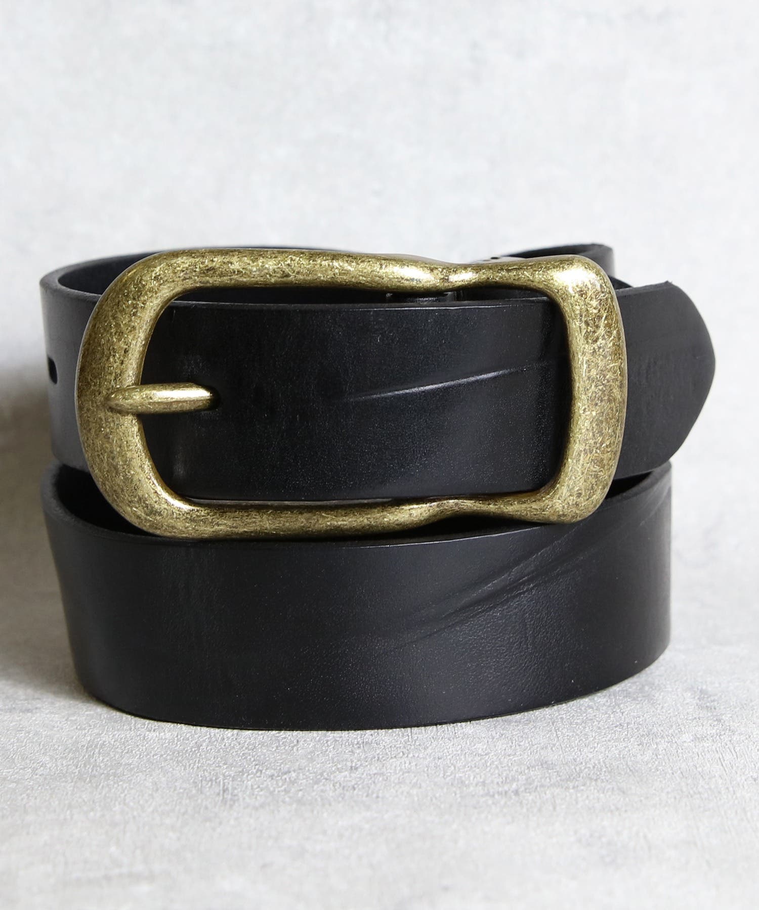 黒レザーベルト 金色バックル レザーバックルベルト メンズ ベルト 革 皮 35mm シワ加工 [品番