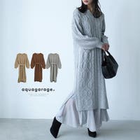 aquagarage | ランダムなデザイン編みが女性らしい印象に！ケーブル編みキーネックニットワンピース