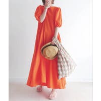 porto ponpone 麻100% フレアロングワンピース　オレンジ系 Vネック胸元 ウエストカットアウト半袖ロングフレアマキシ
