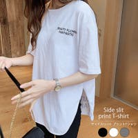 ロゴ Tシャツ ゆったりシルエット Tシャツ サイドスリット 半袖 バックプリント オーバーサイズ トップス 春 夏 韓国 韓国ファッション