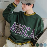 improves | カレッジロゴ ダブルジャガードニット セーター メンズ クルーネック 袖ロゴ 刺繍 オーバーサイズ 大きいサイズ ゆったり 韓国ファッション カジュアル アメカジ