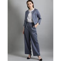 TAKA-Q WOMEN | 麻調合繊 セットアップ カラーレス7分袖ジャケット ダルブルー