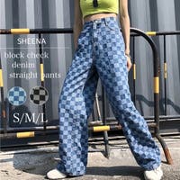 SHEENA  | ブロックチェックデニムストレートパンツ　韓国ファッション　韓国　パンツ　ボトムス　デニム　ブロックチェック　ストリート　ダンス　カジュアル　