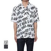 Style Block MEN | シャツ 開襟シャツ 半袖 オープンカラーシャツ カジュアルシャツ 総柄 ロゴ 英字 トップス メンズ オフホワイト ブラック 夏先行