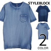 Style Block MEN | Tシャツ カットソー クルーネック 丸首 半袖 カットデニム 綿100% コットン 無地 ポケT 胸ポケット トップス メンズ ネイビー ブルー 春先行