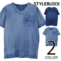 Style Block MEN | Tシャツ カットソー Vネック 丸首 半袖 カットデニム 綿100% コットン 無地 ポケT 胸ポケット トップス メンズ ネイビー ブルー 春先行