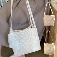 STYLEBLOCK | ショルダーバッグ スクエア型 ストロー素材 フラワー 刺繍 花柄 リボン 夏 バッグ 鞄 韓国 レディース ホワイト カーキ