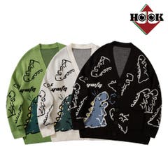 H HOOK hook フック ふっく | HOOK 新作 落書き恐竜イラスト カーディガン お揃い 冬服 秋服 春服 秋冬 韓国ファッション ストリート系 ロンT オーバーサイズ パーカー ビッグシルエット メンズ スウェット ワイドパンツ トレーナー レディース オラオラ系 ジャケット カーディガン