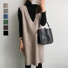 A amely エメリー AMELY | ワンピース レディース Vネック 膝丈 チュニック 重ね着 ジャンパースカート レイヤード 可愛い 秋冬 韓国ファッション【amww-ap0212】