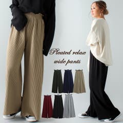 J ジュノア  | プリーツリラックスワイドパンツ/ ゆったり リラックス ガウチョ ウエストゴム フリル 体型カバー カジュアル ルームウエア 