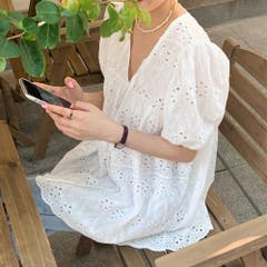 レース ブラウス パンチングレース Vネック 深Vネック ボリューム スカラップ レディース トップス 刺繍 7分袖 大人 ゆったり 春物 Amazon | [SophroniaTerri] レース ブラウス スカラップ