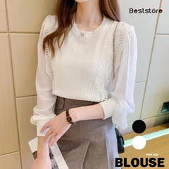 B Beststore best ベストストア　べすと | ブラウストップス カットソー プルオーバー ぽわん袖ラウンドネック レースブラウス 韓国ファッションブラウス  シアー 透け感 ママコーデ フレア 春新作 バルーンスリーブ バルーン袖 ボリュームスリーブフリル 長袖