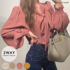 F futier land フューティアランド ふゅーてぃあらんど | 【 春 夏 新作 】ブラウス リボン リボンタイ バルーン袖 パール パワショル キルティング ツイード 厚底 タイトスカート バルーンスリーブ シャツ 2way オフィスカジュアル 通勤 長袖  韓国 ファッション 大きいサイズ / [前後2way]バルーン袖リボンブラウス