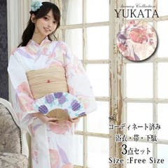 生成りに赤く淡い彼岸花が描かれた浴衣3点セット(YUKATA)[品番