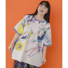 スカラー ScoLar 女性とコスメプリント 異素材切替プルオーバー （オフホワイト） スカラー ScoLar 女性とコスメプリント 異素材切替プルオーバー