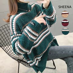 S SHEENA シーナ ｼｰﾅ しーな | ハイネック3配色モールヤーンニットトップス　秋　冬　ニット　トップス　ハイネック　モール　配色　韓国　カジュアル　