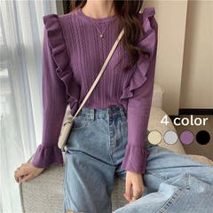 L LADY LIKE レディライク れでぃらいく レディライク レディーライク れでぃーらいく レディ‐ライク ladylike | ショルダーフリルミニケーブル編みニット フリル フェミニン ガーリー かわいい ハイゲージ 長袖 大人 カジュアル 韓国ファッション 長袖 きれいめ 丸首 秋 冬 春