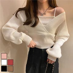 L LADY LIKE レディライク れでぃらいく ﾚﾃﾞｨﾗｲｸ レディーライク れでぃーらいく ﾚﾃﾞｨ‐ﾗｲｸ ladylike | レイヤード風ドルマンニット　トップス　ドッキング　カシュクール　ウエストマーク　Vネック　キャミソール　セクシー　肌見せ　韓国ファッション　大人　カジュアル　秋　冬　春