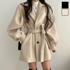 L LADY LIKE レディライク れでぃらいく ﾚﾃﾞｨﾗｲｸ レディーライク れでぃーらいく ﾚﾃﾞｨ‐ﾗｲｸ ladylike | ベルト付きふんわり袖ハーフコート　ハーフ丈　アウター　ボリューム袖　オーバーサイズ　ゆったり　韓国ファッション　大人　カジュアル　通勤　オフィス　エレガント　短め　テーラード　チェスター　秋　冬