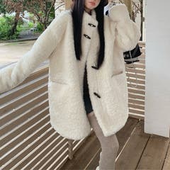 韓国ファッション清潔感あふれる！ダブルボタンボアコート[品番