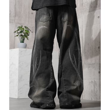 グラフィックステッチ ダメージ加工 デニムパンツ[品番：XT000015210