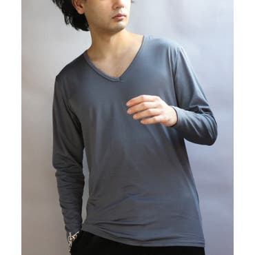 シェラック/SHELLAC 墨流し総柄Vネック長袖ロングTシャツ[品番