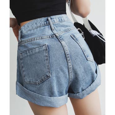 サスペンダー付きハイウエストデニムショートパンツ[品番：TAXW0001380