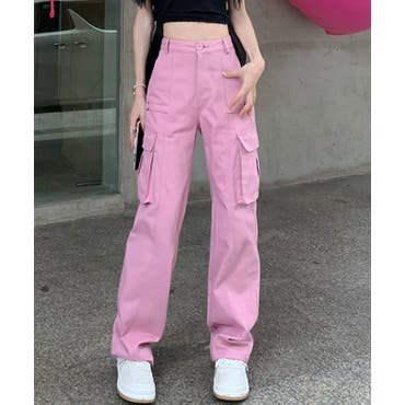 ピンクカラー カーゴパンツ ワイドパンツ 韓国 カジュアル n1907 org.jpg