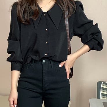 HAENGNAEフリル付きブラック長袖シャツ xr013.jpg