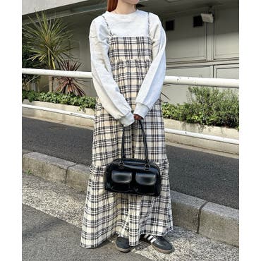 チェック柄キャミソールワンピース ロング丈 春[品番
