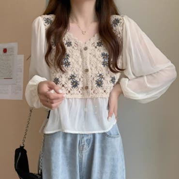 花刺しゅう シフォン袖 ニットトップス 花刺しゅう シフォン袖 ニットトップス | High Ridge