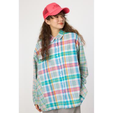 チェックと総柄のアシメパッチワークシャツ[品番：SRSW0000296