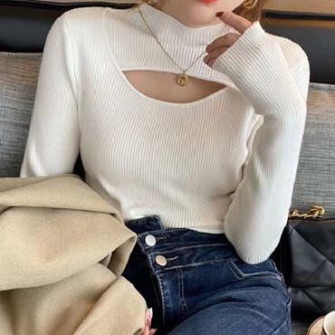 ヘンリーネックリブニットプルオーバー 女性 レディース[品番