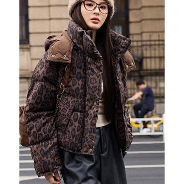 【DEMILY】レザー切替ブルゾン　ヒョウ柄　レオパード　中綿ブルゾン　L DIAVEL ブルゾン アウター レオパード柄切替えボアジャケット