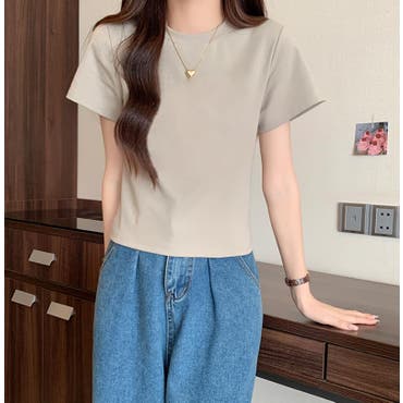 tシャツ 丸襟 ローリングスリーブ チャーム T シャツ「韓国ファッション」 レディース 丸襟 ローリングスリーブ チャーム T シャツ【韓国ファッション