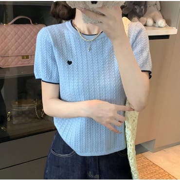 半袖ニットトップ サマーニット ビジュー 夏服 黒 白 BHAK003-2