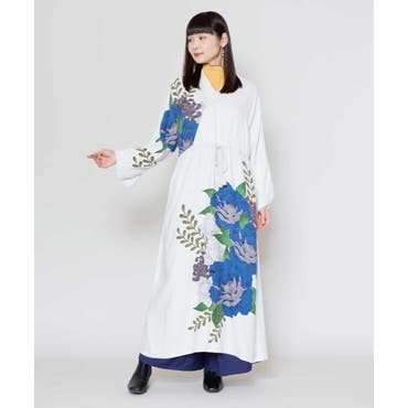 花魁風帯付き総和柄サテン裾フリルロングドレス 衣装 よさこい[品番
