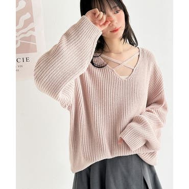 ゆったりケーブル編みチルデンニット(トップス Vネック ライン
