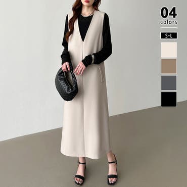 ストレッチフェイクウールVネックロングワンピース バック