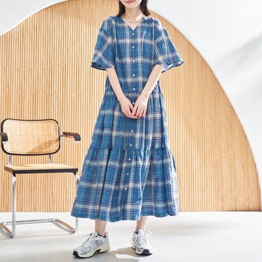 コットンミックスチェックワンピース ワンピース ロングワンピ[品番