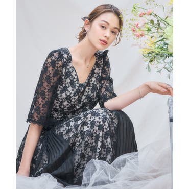 フラワー ワンピースドレス ロング 長袖 Vネック サマーワンピ XS-Lサイズあり【SETTAN/セッタン】フラワーレース/ ベル