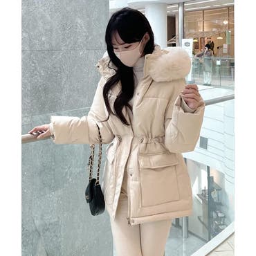 WEB限定 フェイクファーフード付きミドルフェイクダウン[品番