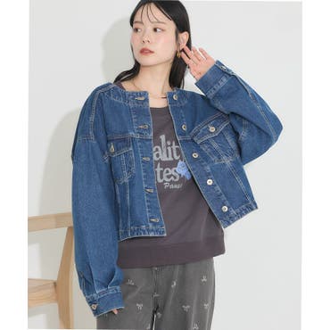 ノーカラーデニムジャケット Vネック ショート丈[品番