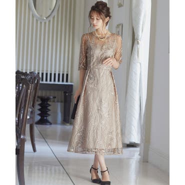 【お値下げ】ゴールド ベージュ　レース パーティードレス L お値下げ】ゴールド ベージュ レース パーティードレス L