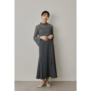 チュールレイヤードウエスト切り替えレースワンピース[品番