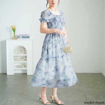 花柄スクエアネックロングワンピース半袖レディース フラワー柄