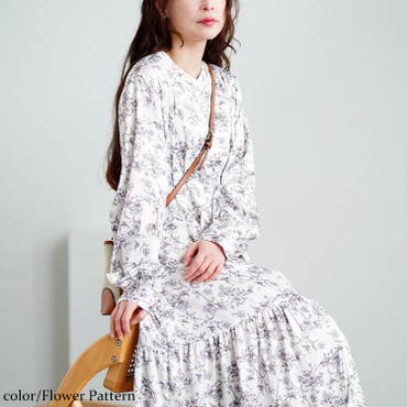 フラワー柄vネックロングワンピース 全2色 シフォンロング