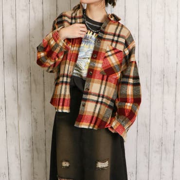 マーガレット・ハウエル ブロックチェック ロングシャツ 茶系